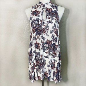 Free People Boho White Blue Paisley Floral Open Back Keyhole Tunic Top Sm